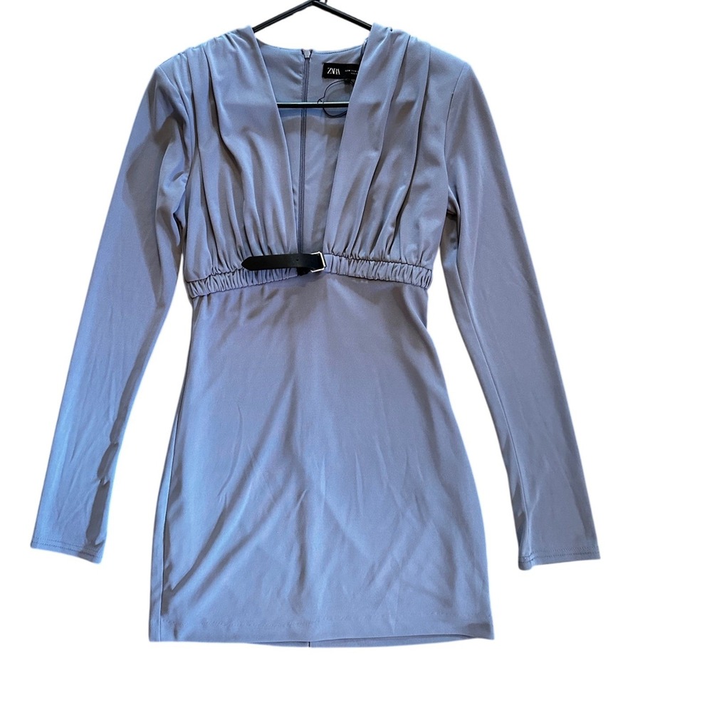 Zara Long Sleeve Buckle Detail Dusty Blue Grey Padded Shoulder Mini Dress M